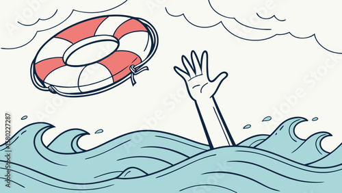 Drowning person reaching for a life preserver in the ocean with clouds in the background view scene