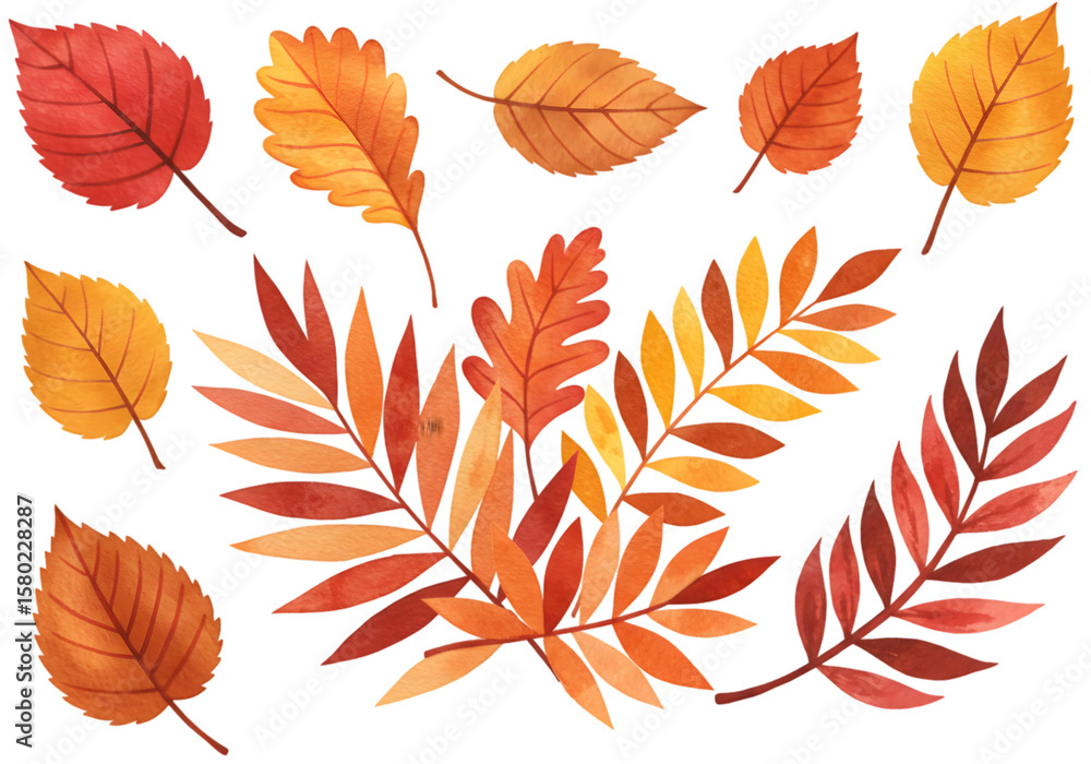 Fototapeta premium Autumn Watercolor Illustration Of Various Leaves In Yellow Orange And Red