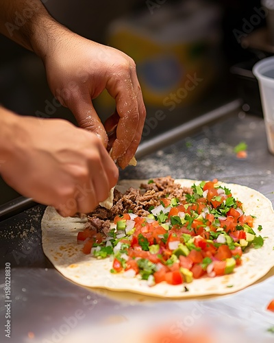 Person is making a burrito with meat, tomatoes, and onions