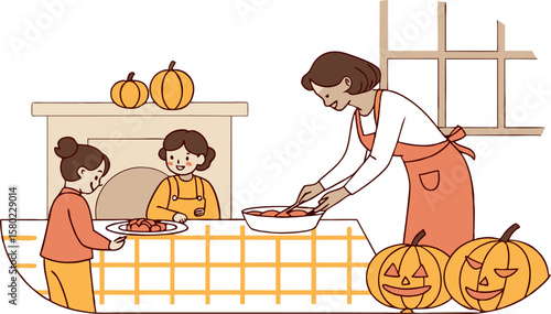 A mother and two children prepare halloween treats with pumpkins in a cozy kitchen setting together happily