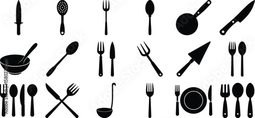 Kitchen Utensil Set in Holder, Simple Icon on white. Food Court Sign.