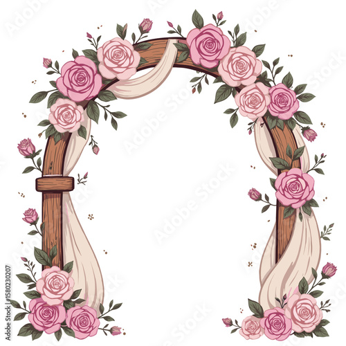 Floral wedding arch decorated with pink roses and fabric draping  