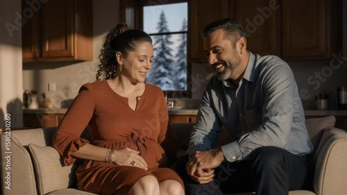 Happy mixed race couple expecting baby