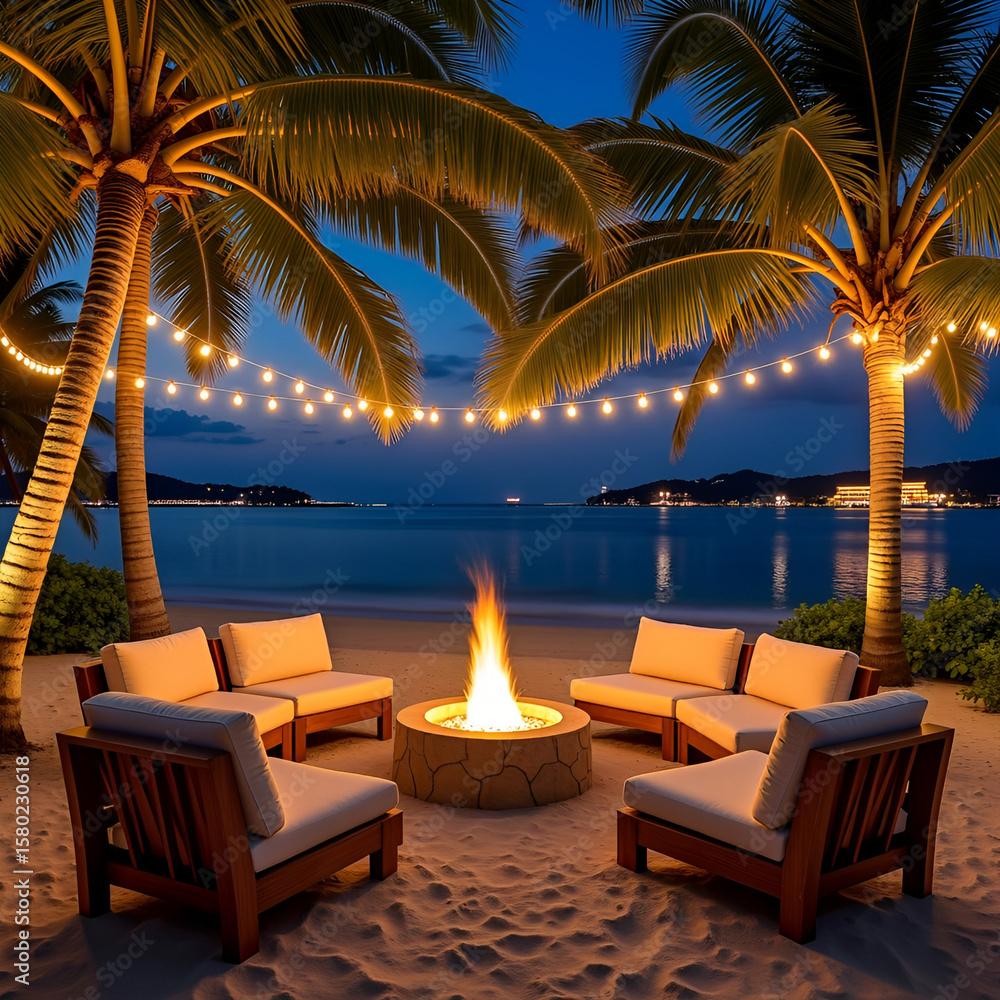Fototapeta premium Tropical Beach Fire Pit Lounge at Sunset