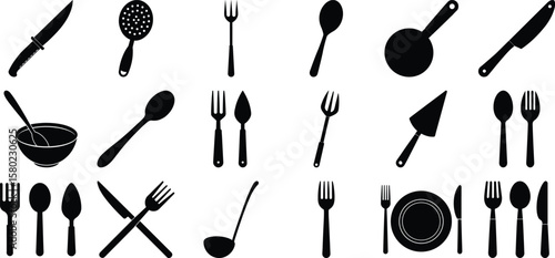 Kitchen Utensil Set in Holder, Simple Icon on white. Food Court Sign.