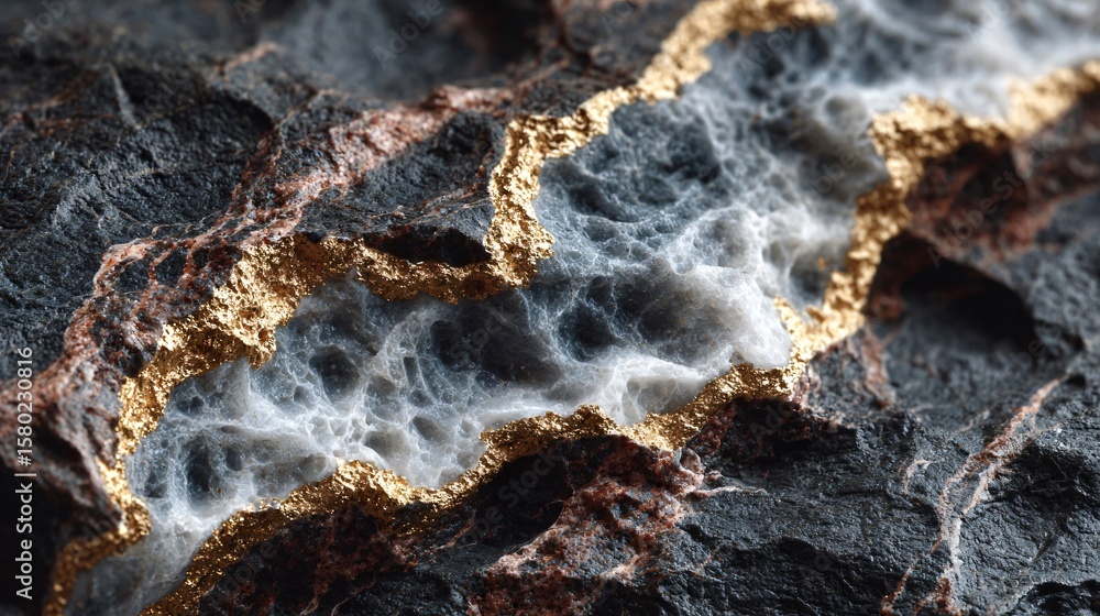 Obraz premium Macro Photography of Intricate Gold Veins in Black Rock, Nature Close-Up, Textured Surface