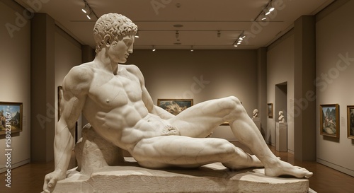 Fototapeta Naklejka Na Ścianę i Meble -  Large white marble reclining male nude statue in an art museum with paintings and busts