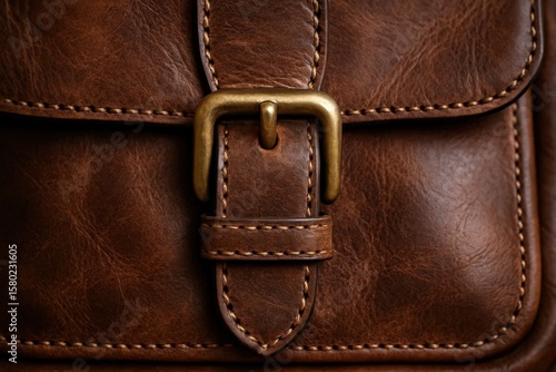 Close-up of a vintage leather belt buckle, showcasing its intricate stitching and antique charm