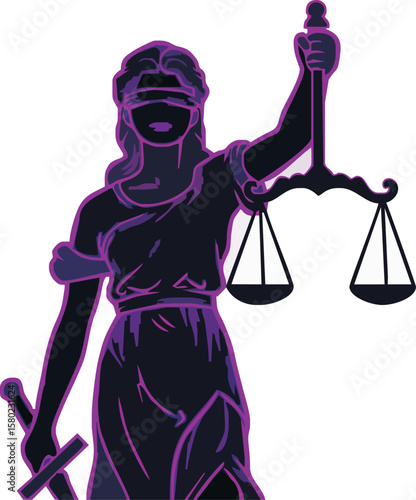 A stylized illustration of Lady Justice, holding scales and a sword, blindfolded.