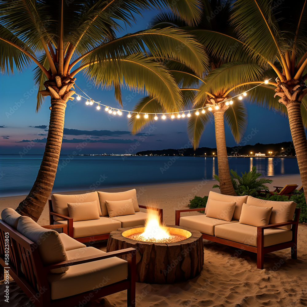 Fototapeta premium Tropical Beach Fire Pit Lounge at Sunset