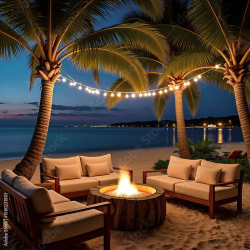 Tropical Beach Fire Pit Lounge at Sunset