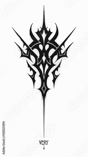 A black and white pencil sketch of a symmetrical tribal-mechanical emblem, combining geometric shapes and sharp abstract elements. The design is inspired by sacred geometry, cyber-gothic aesthetics
