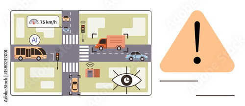 AI-powered traffic system overseeing cars, bus, and truck at intersection. Visual elements include a speed limit, connected devices, alert sign, and road safety focus. Ideal for technology