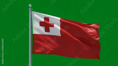 Tongan Flag Waving Proudly: The national flag of Tonga, with its distinctive red field, white canton, and red cross, flutters gracefully against a bright sky, symbolizing national identity and pride.