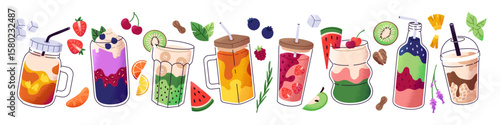 Glasses of different cocktails set. Smoothies with straws, pieces of fruit and berries. Tropical soft drinks, exotic refreshing beverages. Flat isolated vector illustrations on white background