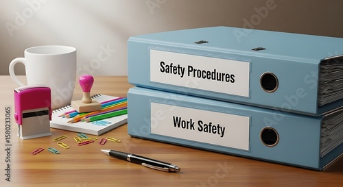 Two blue binders labeled 