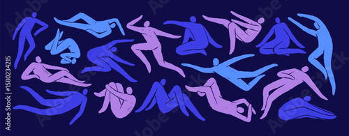 Human silhouettes in Matisse art style set. Abstract naked people are in different poses. Nude figures, blue body shadows are in sitting, lying, flying postures. Flat isolated vector illustrations