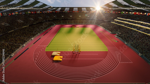 Canvas Print Modern athletic 3D stadium with vibrant crowd under setting sun