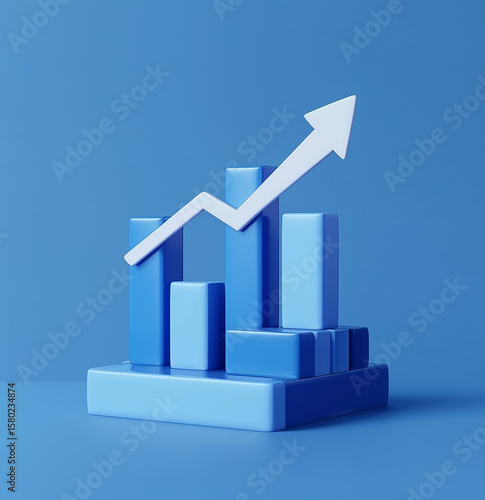 The blue statistical chart and the upward arrow are on a blue background