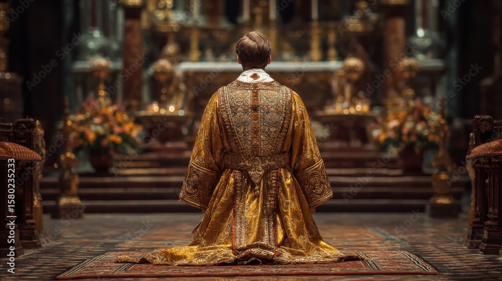 Priest kneeling before the altar in radiant gold vestments during Mass Priest kneeling before the altar in radiant gold vestments during Mass
