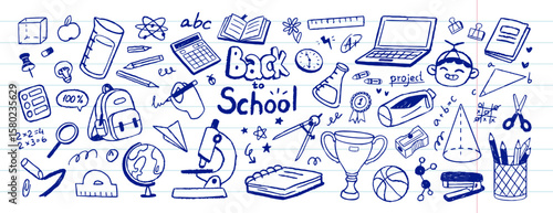 Set of drawing with pen school items. Doodle icons of elementary education on notebook sheet. Students' supplies, books, stationery for studying and learning. Hand drawn isolated vector illustrations