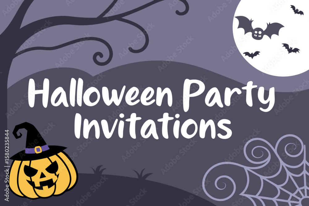Fototapeta premium Halloween party invitations with a pumpkin wearing a witch hat, bats flying in the moonlight and spiderweb