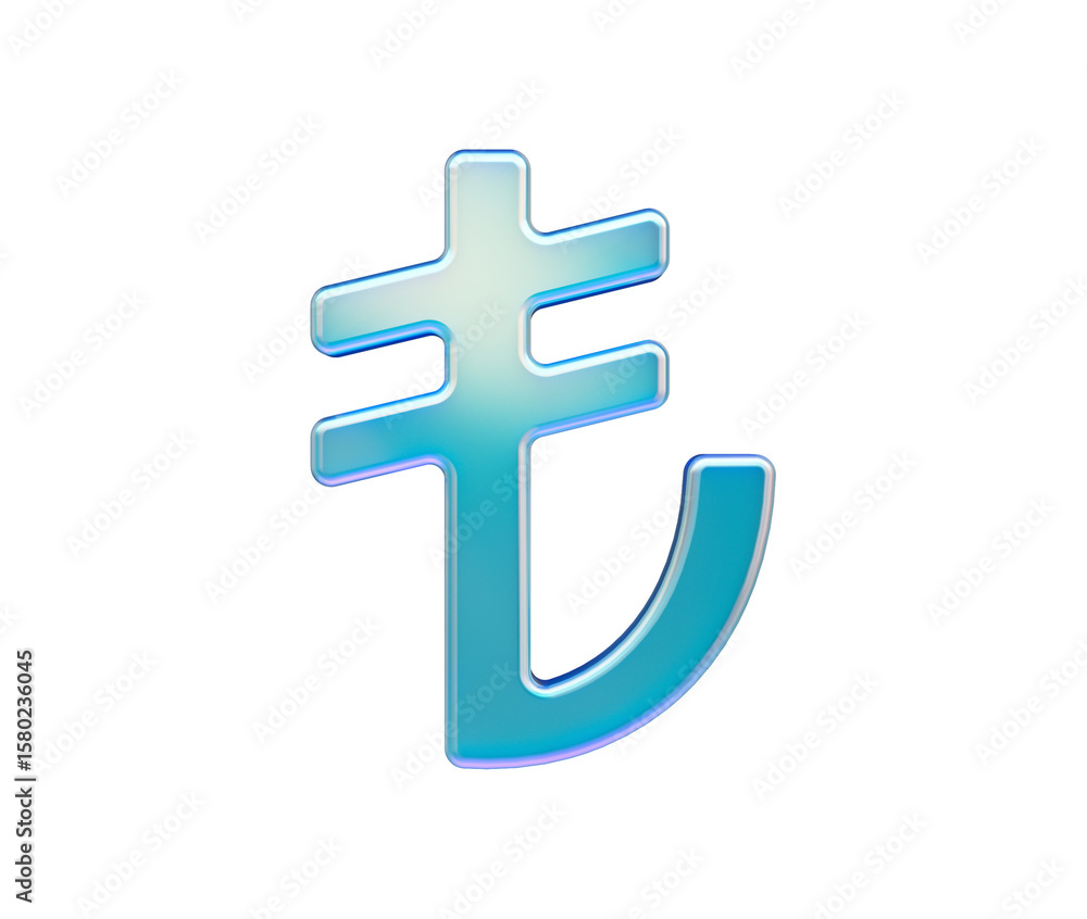 Obraz premium Shiny iridescent Turkish Lira symbol in cool blue tones with soft glow and depth, 3D Illustration