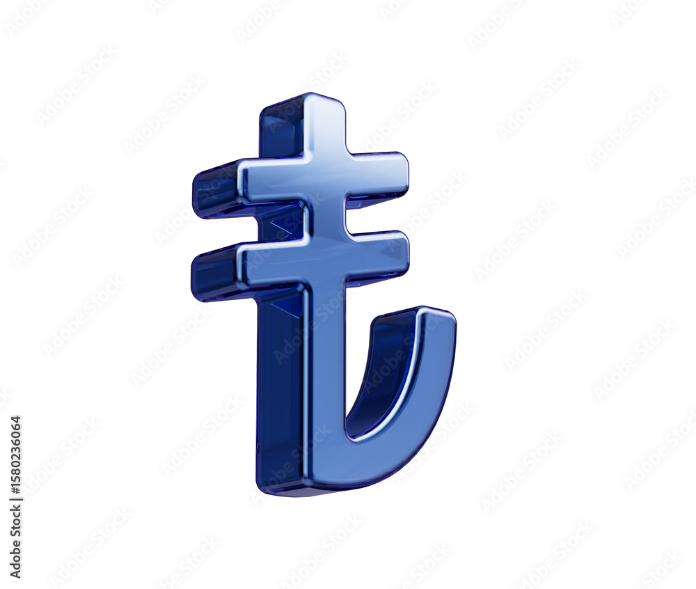 Fototapeta premium 3D Blue Turkish Lira symbol with a glassy finish, symbolizing digital finance. 3D Illustration