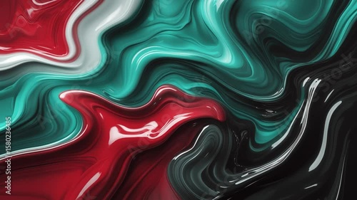 Abstract background of marble melting and moving in waves, gradation of turquoise green and red mixed shiny