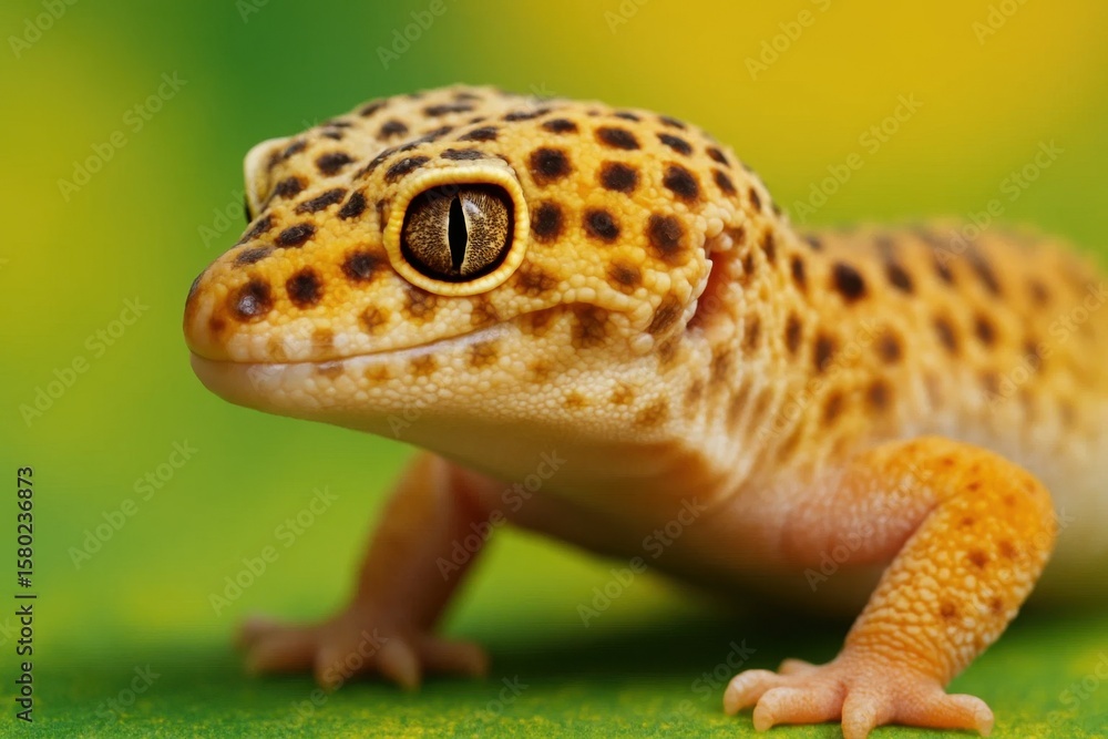 Naklejka premium A close-up of a gecko with striking yellow spots against a vibrant green background