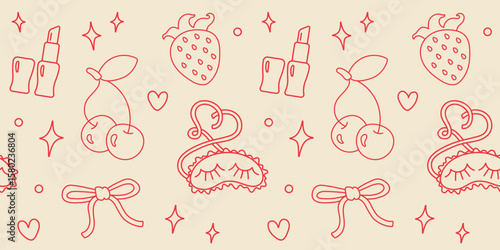 Vintage coquette seamless pattern. Bows, girly accessories and berries background.