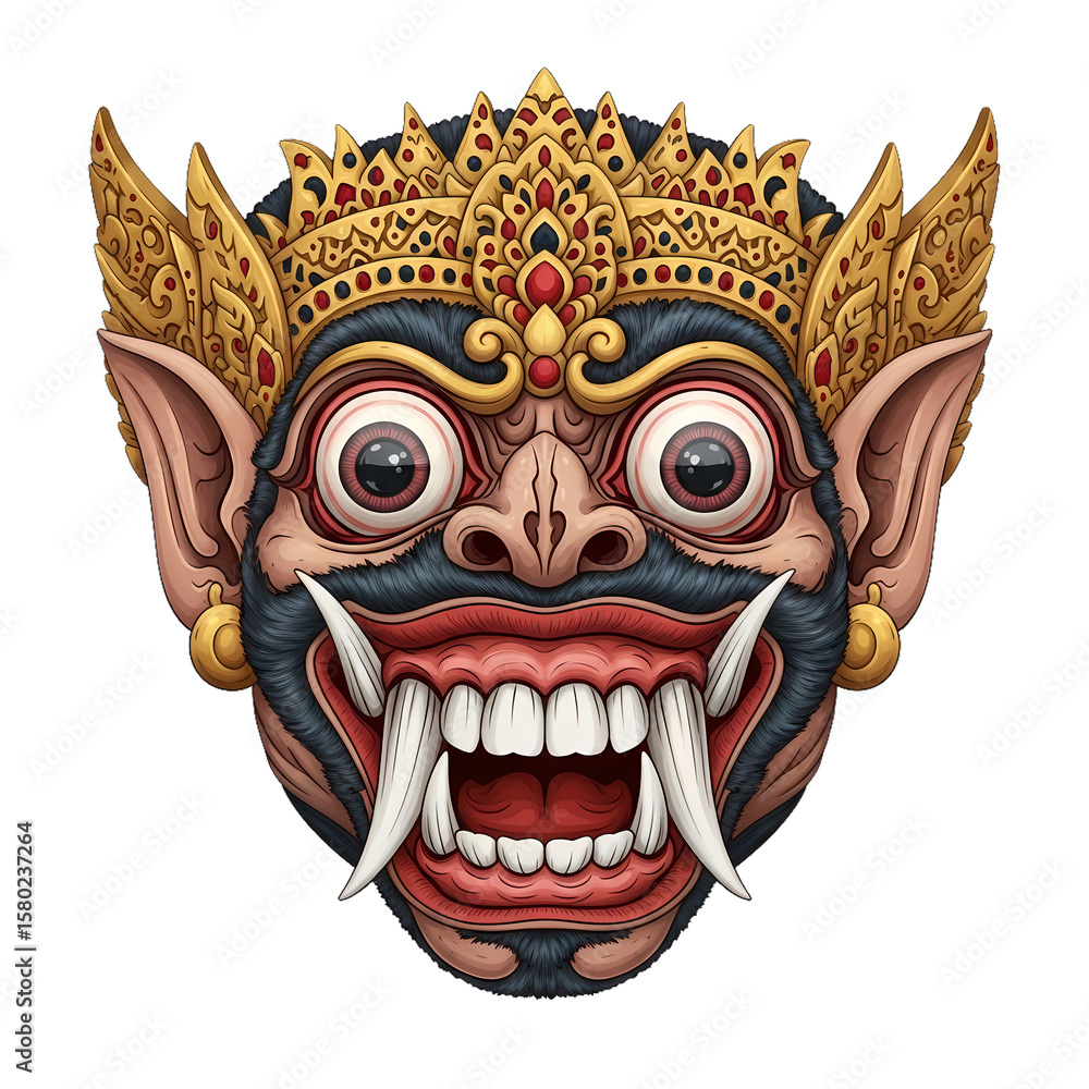Naklejka premium Striking illustration showcases a traditional Balinese mask with intricate gold ornaments, transparent background