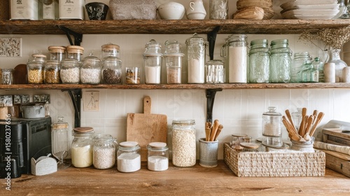 A cozy kitchen shelf filled with assorted jars, showcasing a collection of grains, spices, and other ingredients.