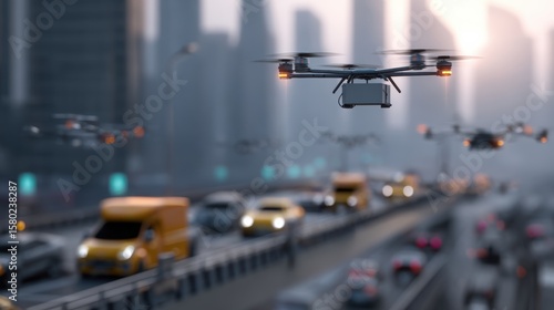 A drone flying over a busy city highway, showcasing urban transport and modern technology in action.