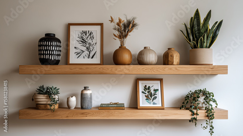 Floating wooden shelves styled with ceramic vases, small framed art, trailing plants, minimalist aesthetic