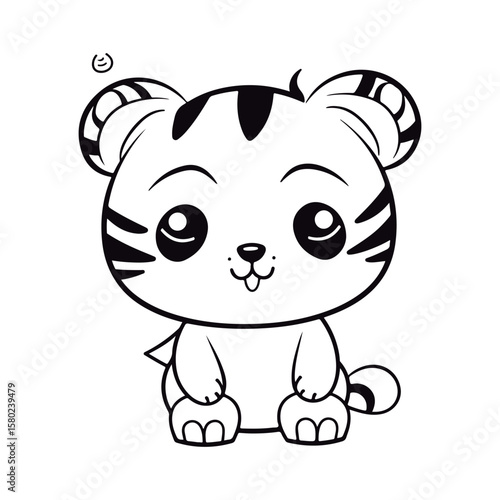 Cute cartoon baby Tiger kawai Black and white vector illustration for coloring book.