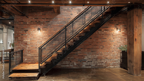 Industrial staircase with reclaimed wood steps, black iron railing, brick wall backdrop