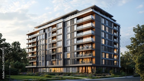 Modern Apartment Building with Large Glass Windows, Contemporary Residential Architecture in Urban Area 