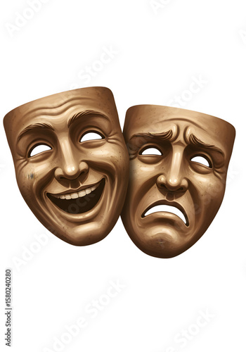 Illustration of Golden Theater Masks of Comedy and Tragedy on Transparent