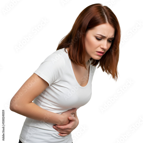 Isolated Portrait of Woman Suffering from Abdominal Pain on Transparent BG