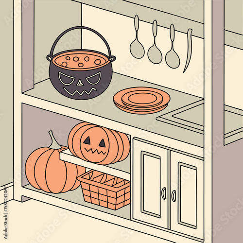 A kitchen shelf decorated for halloween with a cauldron, pumpkins, plates, and cooking utensils nicely arranged