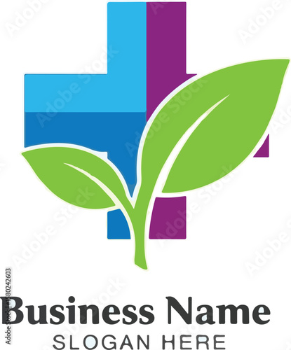 Medical cross with leaves and business name placeholder on white background