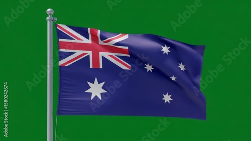 Australian Flag Waving: An Australian flag proudly waves in the breeze against a green screen background. The vibrant colors and crisp details make it ideal for various projects.