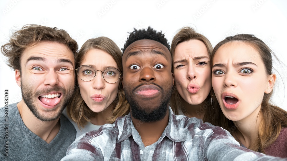 Obraz premium Group of friends making funny faces for selfie, diverse young adults showing playful expressions, close up portrait with white background, joyful and dynamic mood