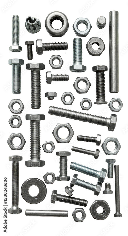 Fototapeta premium Isolated Metal Bolt Hardware Nuts Screws Silver Shiny on Transparent