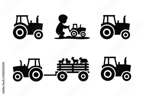 Black tractor silhouettes with farm animals and a child playing vector