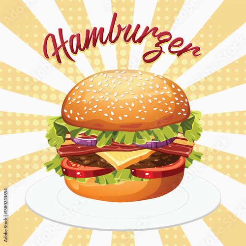 3D burger icon. 3d rendering of delicious cheeseburger. Fast food 3d realistic render vector icon hamburger. Meatloaf tomato vegetarian dish. Modern cartoon 3D icon for UI interface