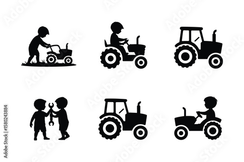 Children playing with tractors and tools silhouette boys