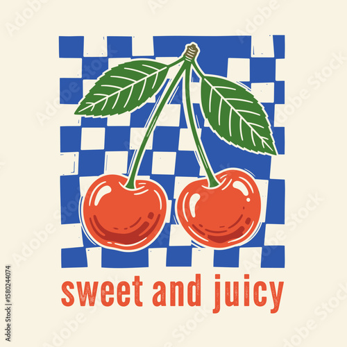 Sweet cherry artwork. Cherry fruit print. Organic food artwork for for t-shirt. Fruit vintage t-shirt design. Start fresh day. Have a nice day.