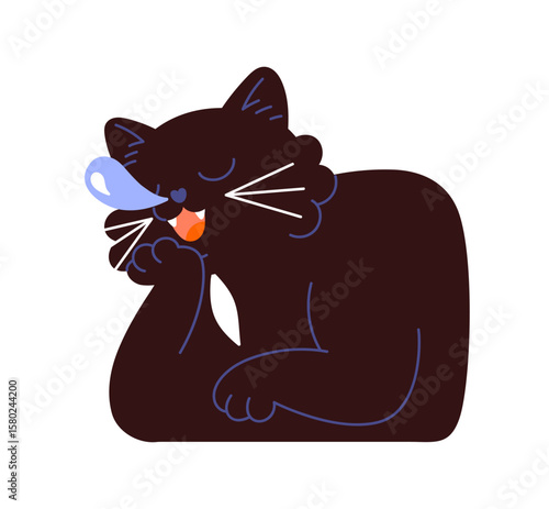 Portrait of cute asleep cat with snot bubble. Avatar of sleeping kitten. Sleepy black kitty is lying, relaxes and has a rest, nap at night. Flat isolated vector illustration on white background